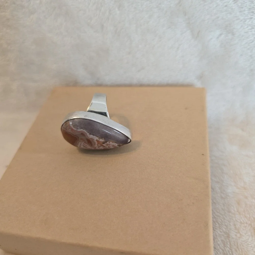 Sterling Silver Ring Tear-drop Shaped Crazy Lace Agate Stone Earthy Boho-chic